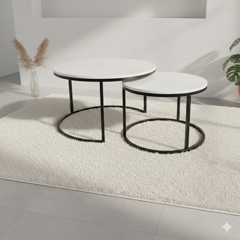 Okrągły stolik kawowy 2w1 na metalowym stelażu LOFT NEST DUO - Loft Nest Duo, biały