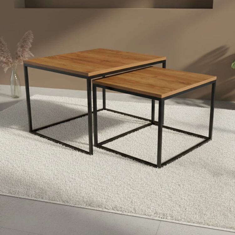 Kwadratowy stolik kawowy 2w1 na metalowym stelażu LOFT CUBE DUO - Loft Cube Duo, craft