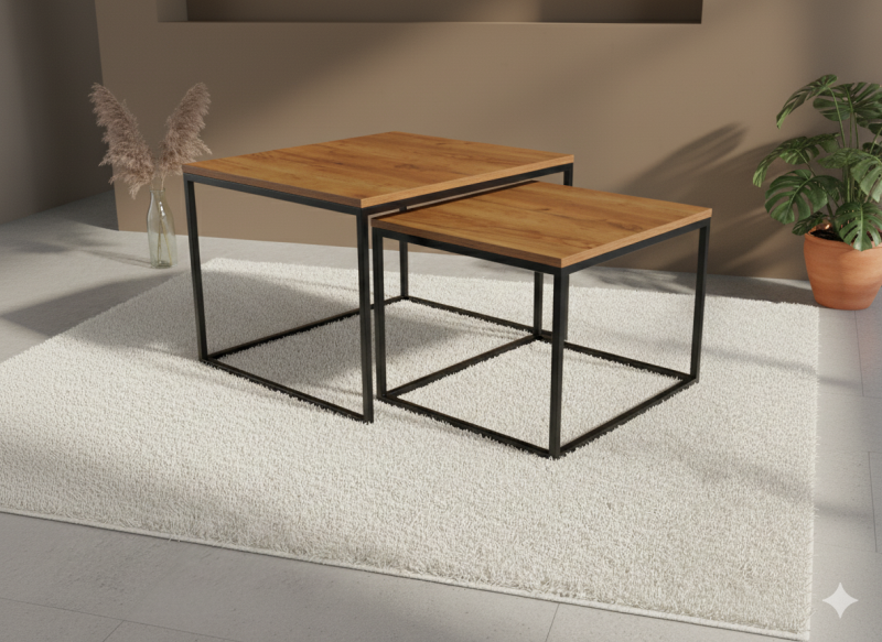 Kwadratowy stolik kawowy 2w1 na metalowym stelażu LOFT CUBE DUO - Loft Cube Duo, craft
