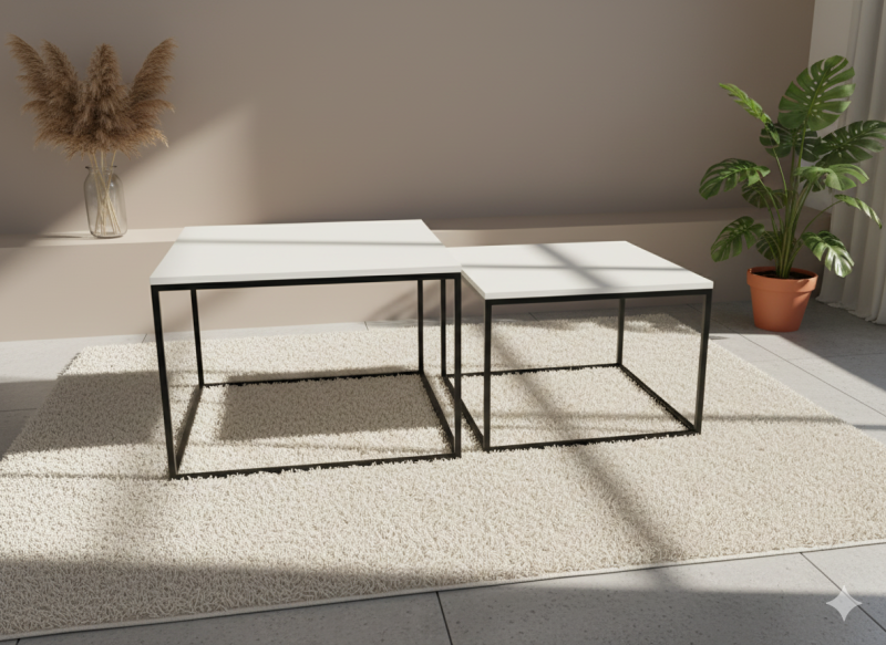 Kwadratowy stolik kawowy 2w1 na metalowym stelażu LOFT CUBE DUO - Loft Cube Duo, biały