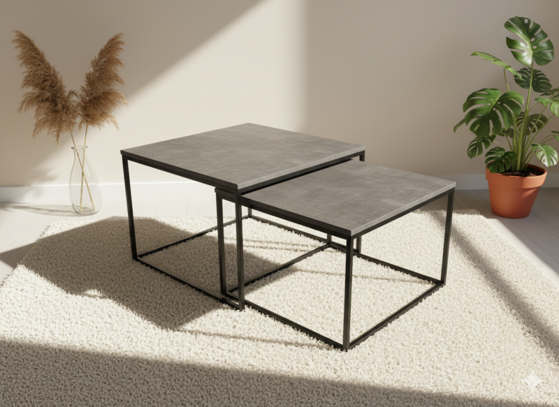 Kwadratowy stolik kawowy 2w1 na metalowym stelażu LOFT CUBE DUO - Loft Cube Duo, beton