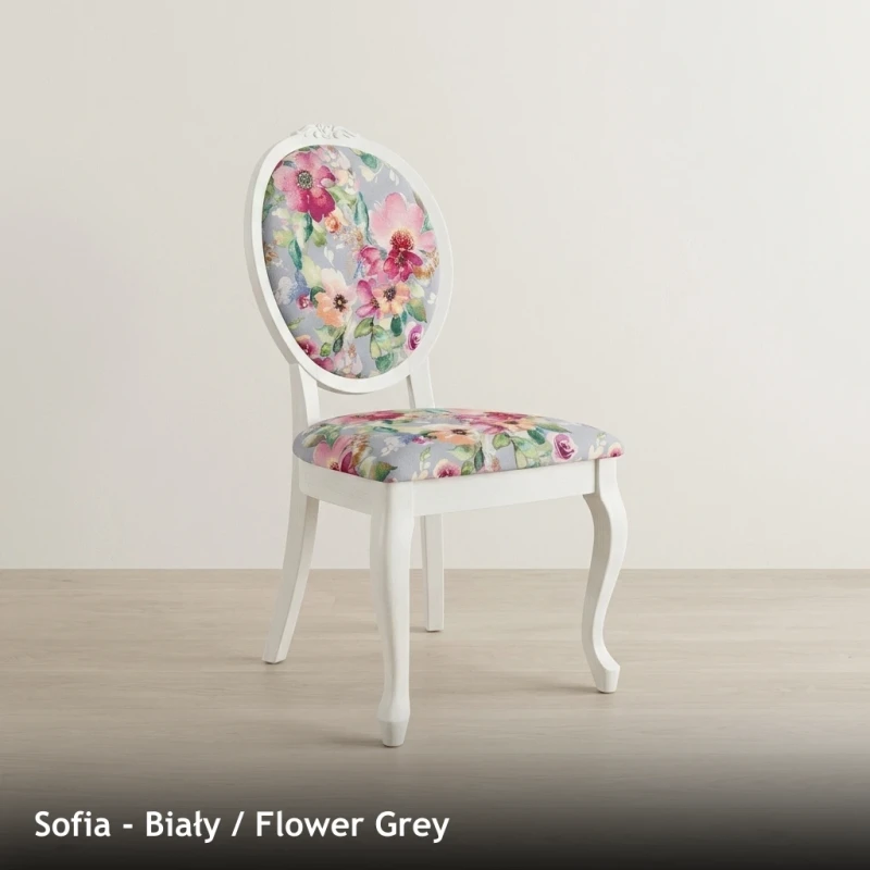 Krzesło tapicerowane SOFIA - Biały, Flower Grey