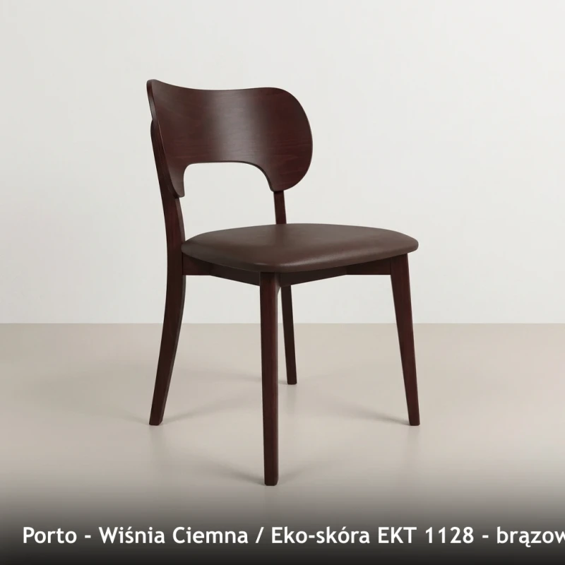 Krzesło drewniane PORTO - Wiśnia Ciemna, Eko-skóra EKT 1128, brązowy