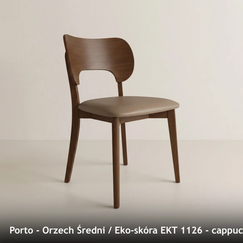 Krzesło drewniane PORTO - Orzech Średni, Eko-skóra EKT 1126, cappuccino