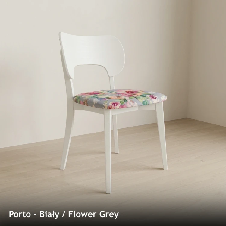 Krzesło drewniane PORTO - Biały, Flower Grey