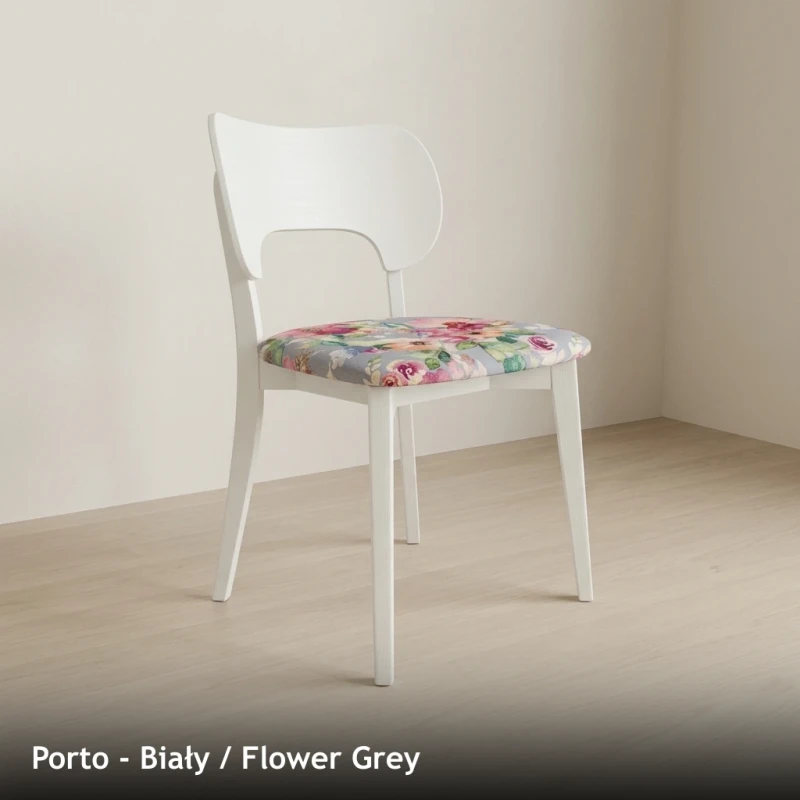 Krzesło drewniane PORTO - Biały, Flower Grey