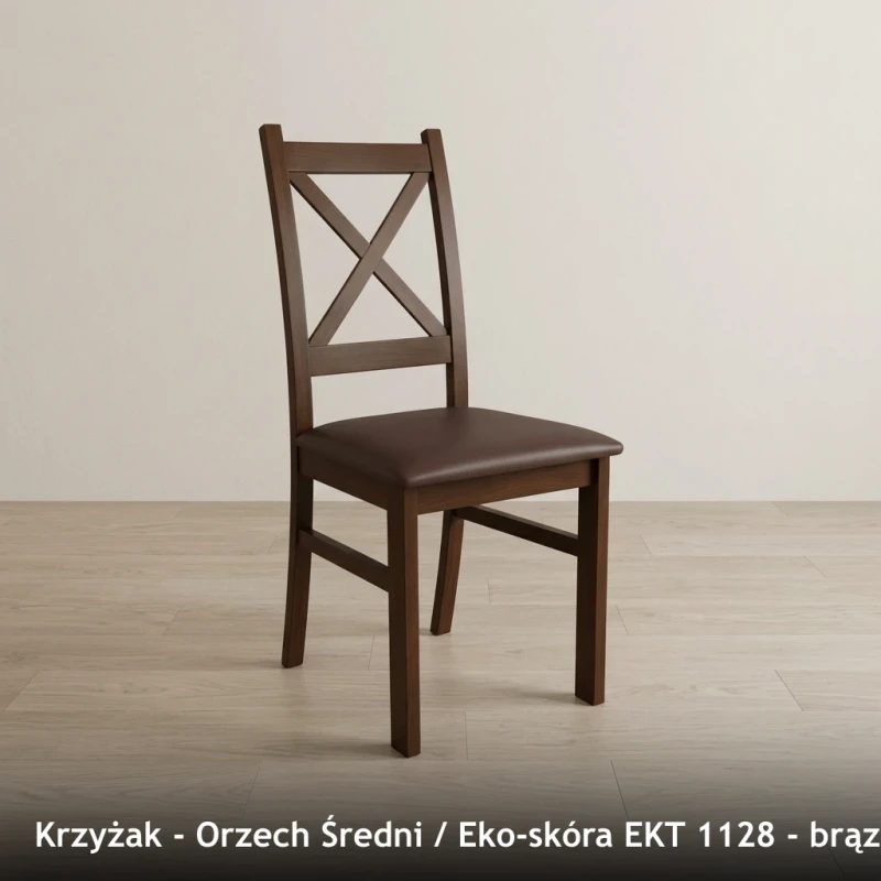 Krzesło drewniane KRZYŻAK - Orzech Średni, Eko-skóra EKT 1128, brązowy