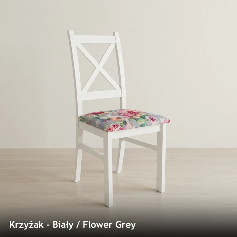 Krzesło drewniane KRZYŻAK - Biały, Flower Grey