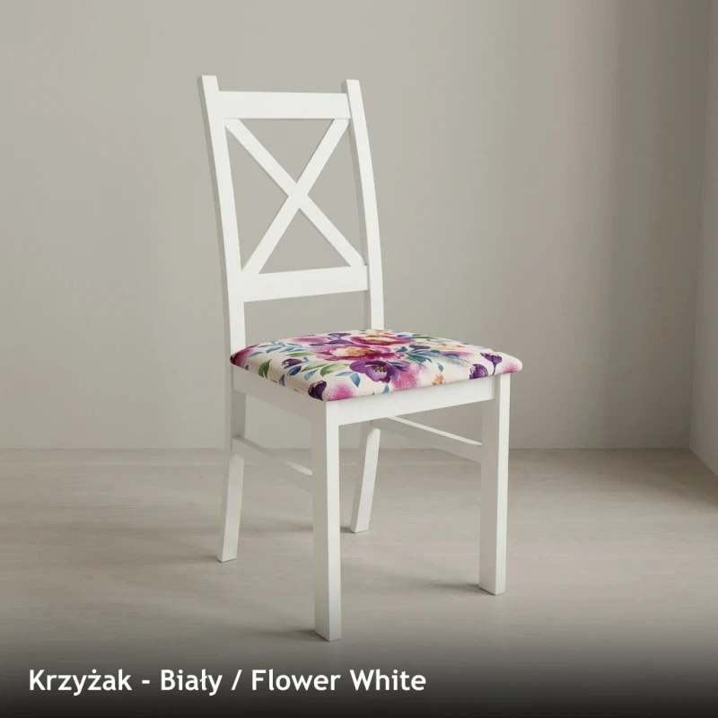 Krzesło drewniane KRZYŻAK - Biały, Flower White
