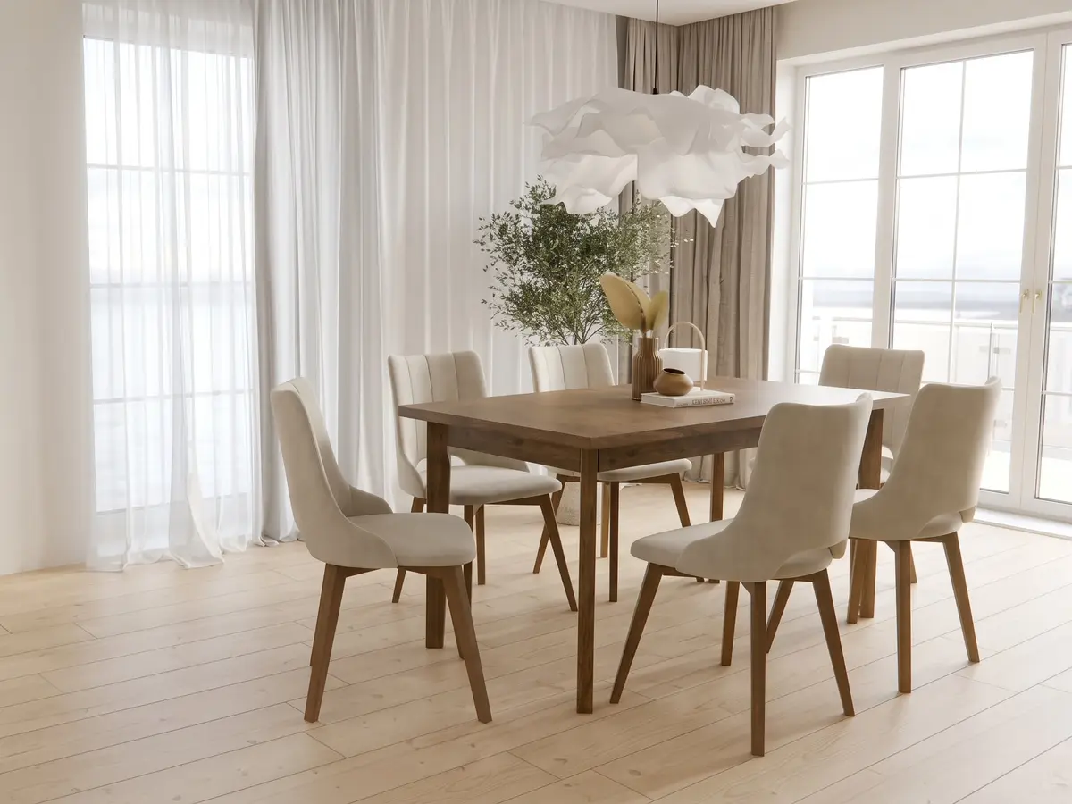 Jadalnia z krzesłami tapicerowanymi i drewnianym stołem Furnio
