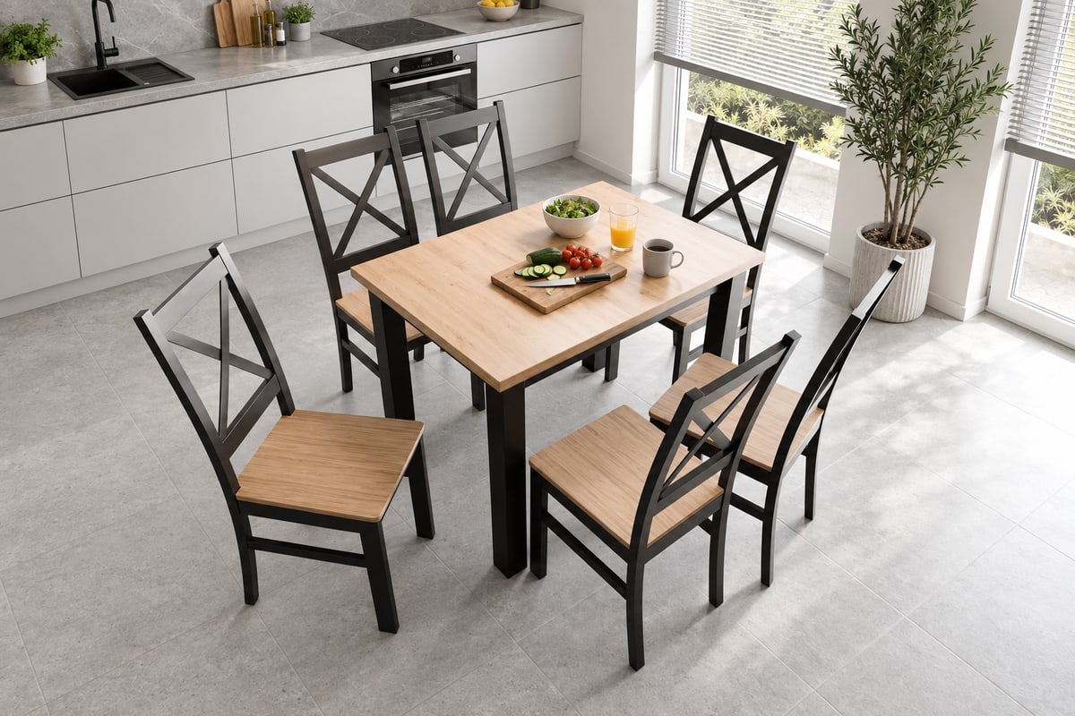 Stół MINI z laminowanym blatem i krzesła KRZYŻAK DREWNO w jasnej kuchni podczas krojenia warzyw